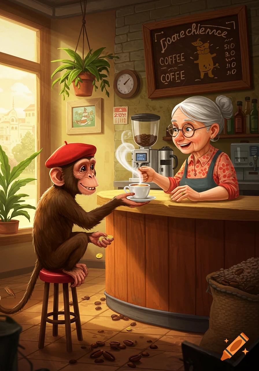 A cartoon illustration of a monkey in a red beret sitting on a stool at a coffee shop counter, holding coins and taking a coffee cup from a smiling older woman barista.