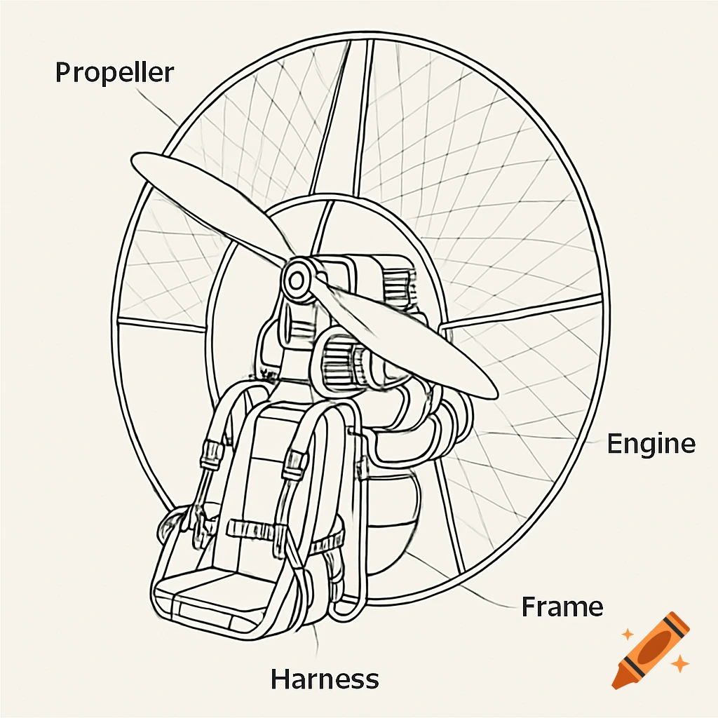 Black and white schematic line drawing of a paramotor with parts labeled.