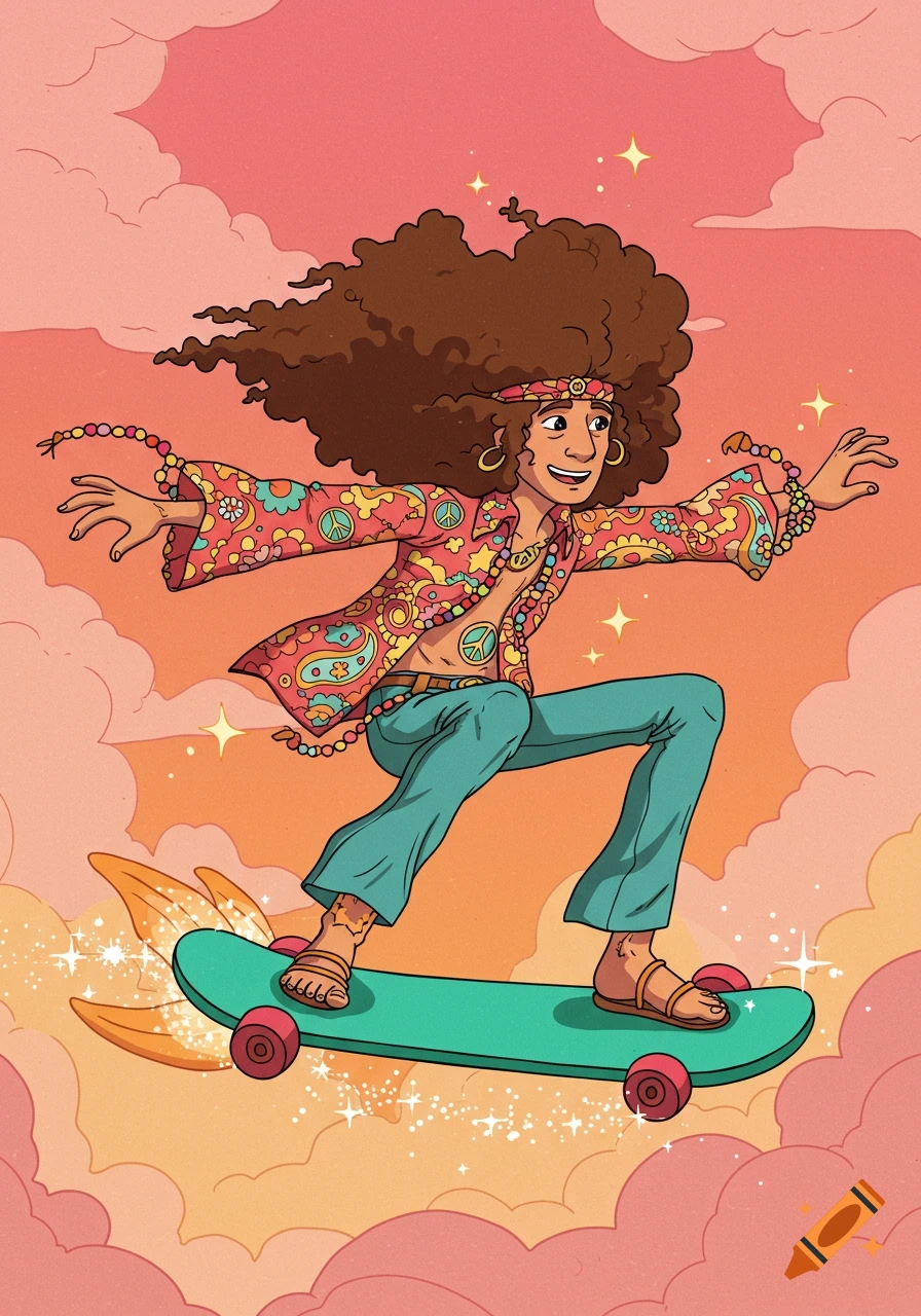 Illustration of a hippie riding a flying skateboard in a pink sky.