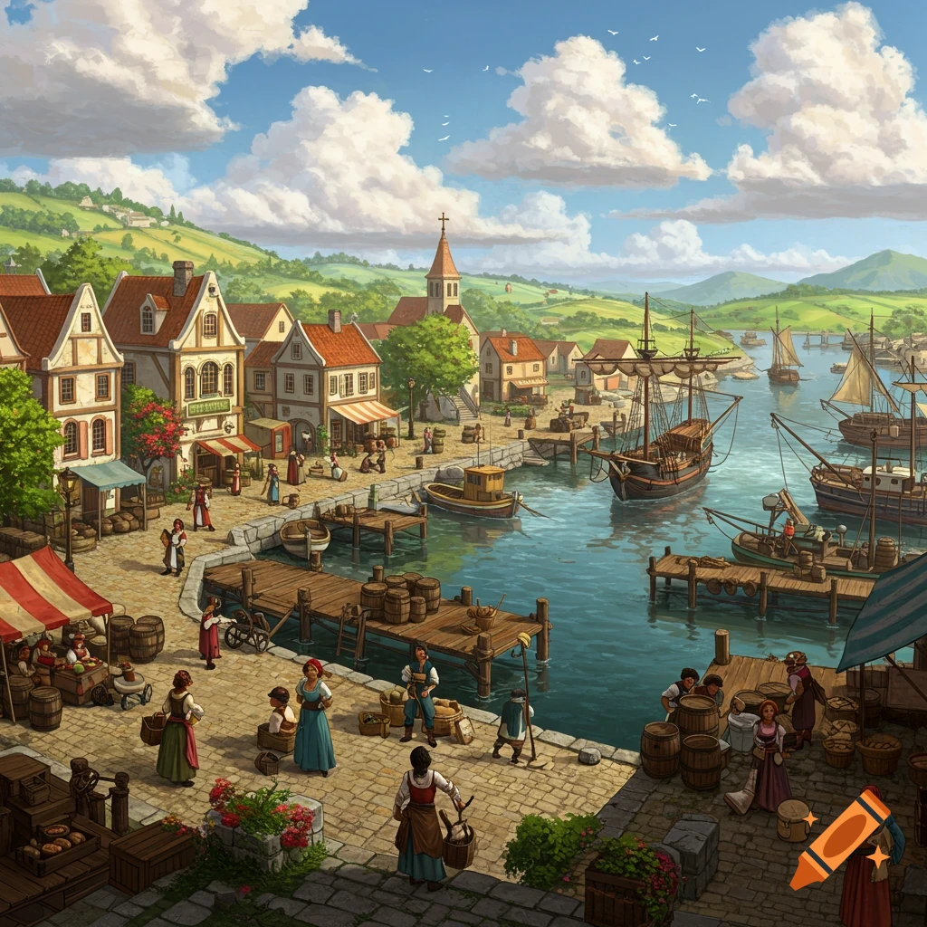 Detailed illustration of a busy historical town harbor with ships, buildings, and people