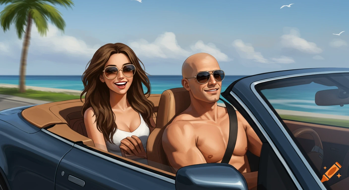 Animated couple in sunglasses driving a convertible along a coastal road by the beach.