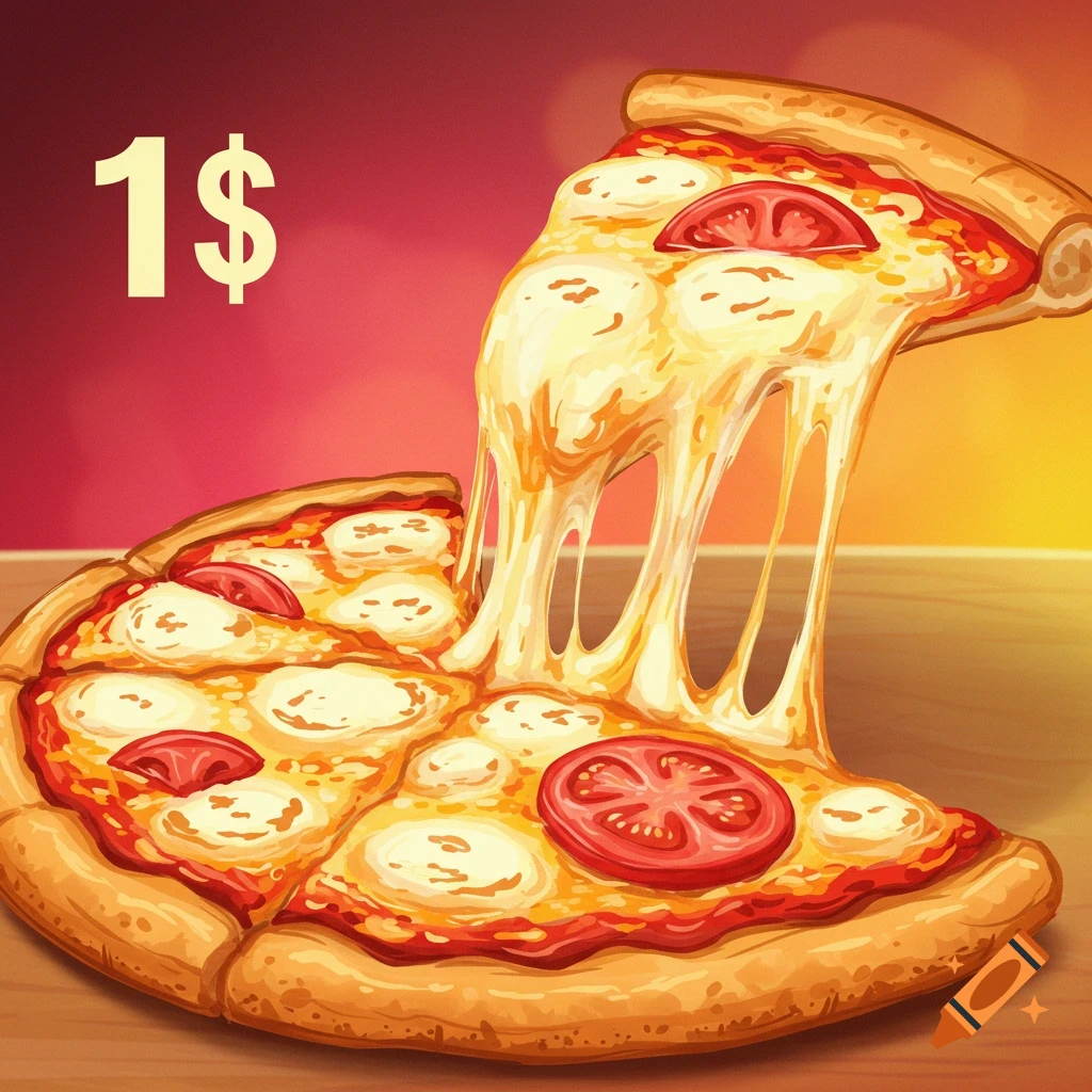 Illustrated pizza slice with melting cheese and 1$ price tag.