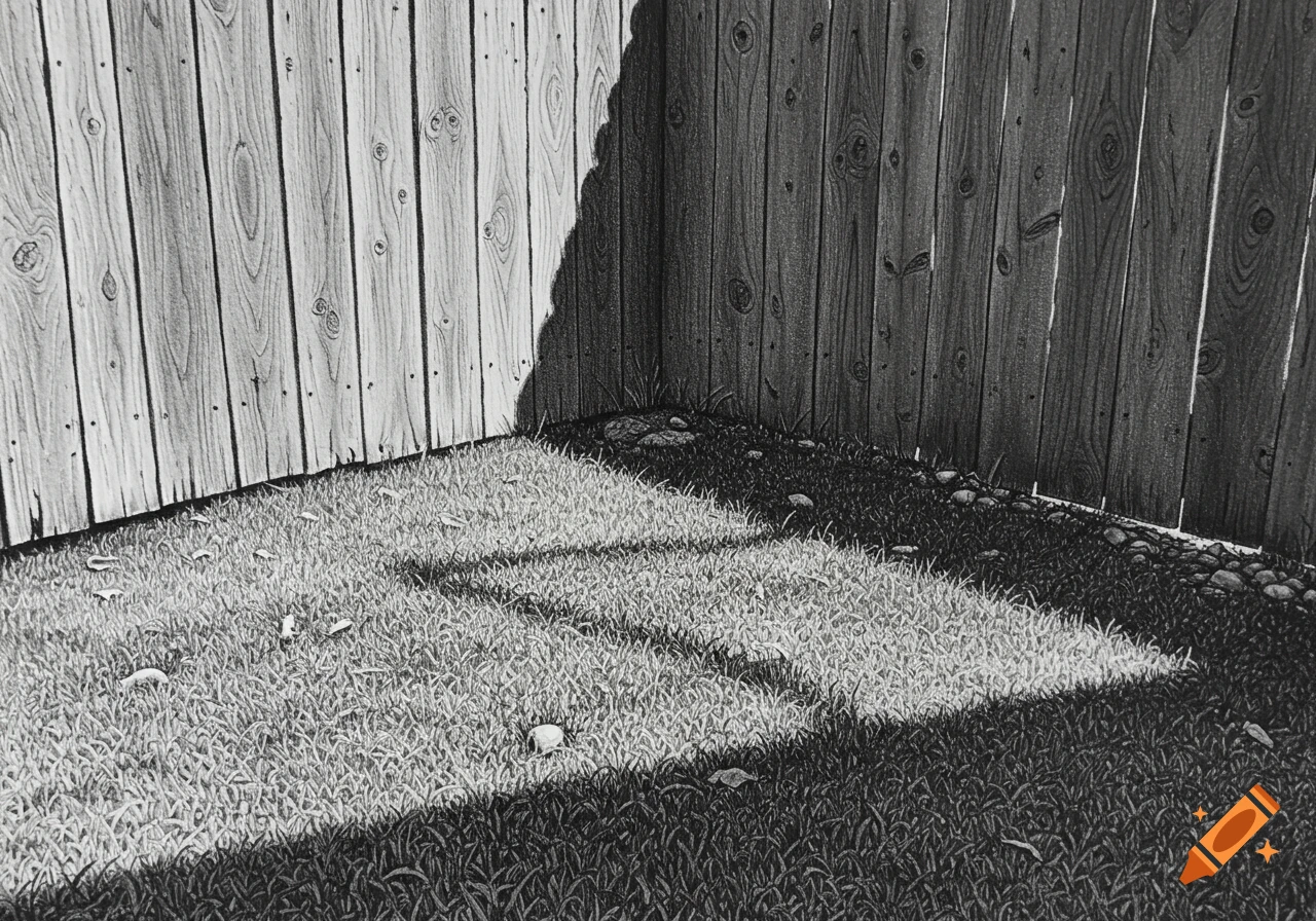A black and white pencil drawing of a corner of a backyard with a wooden fence, grass, and shadows.