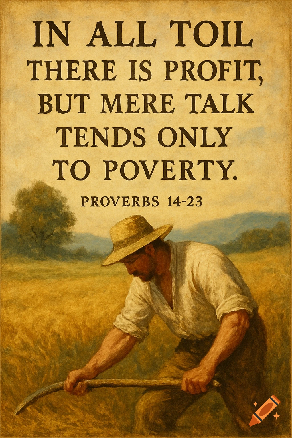 Painting of a farmer harvesting grain under a quote: 'In all toil there is profit, but mere talk tends only to poverty. Proverbs 14-23.'