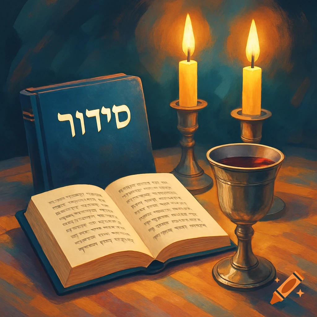 Siddur book, kiddush cup, and lit Shabbat candles on a table, painterly style.