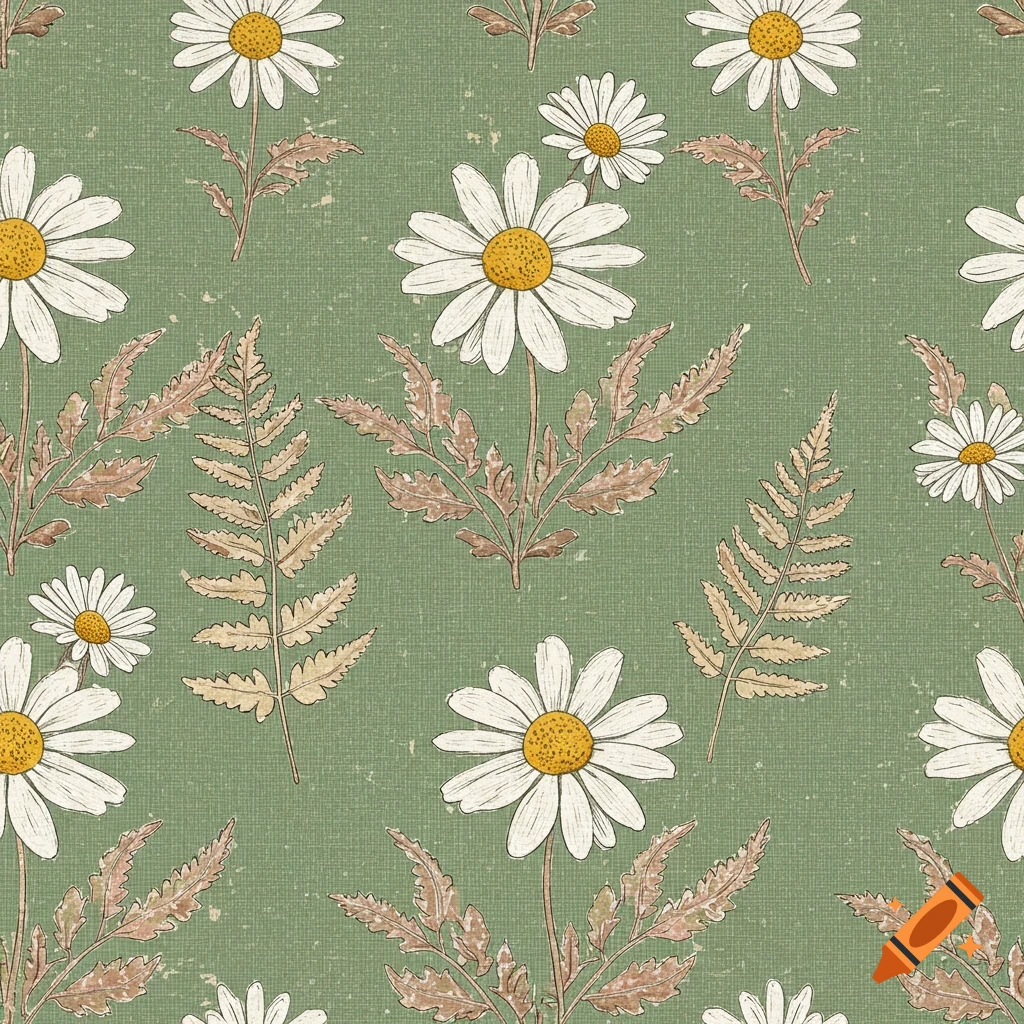 Seamless pattern of hand-drawn daisies and ferns on a green textured background.