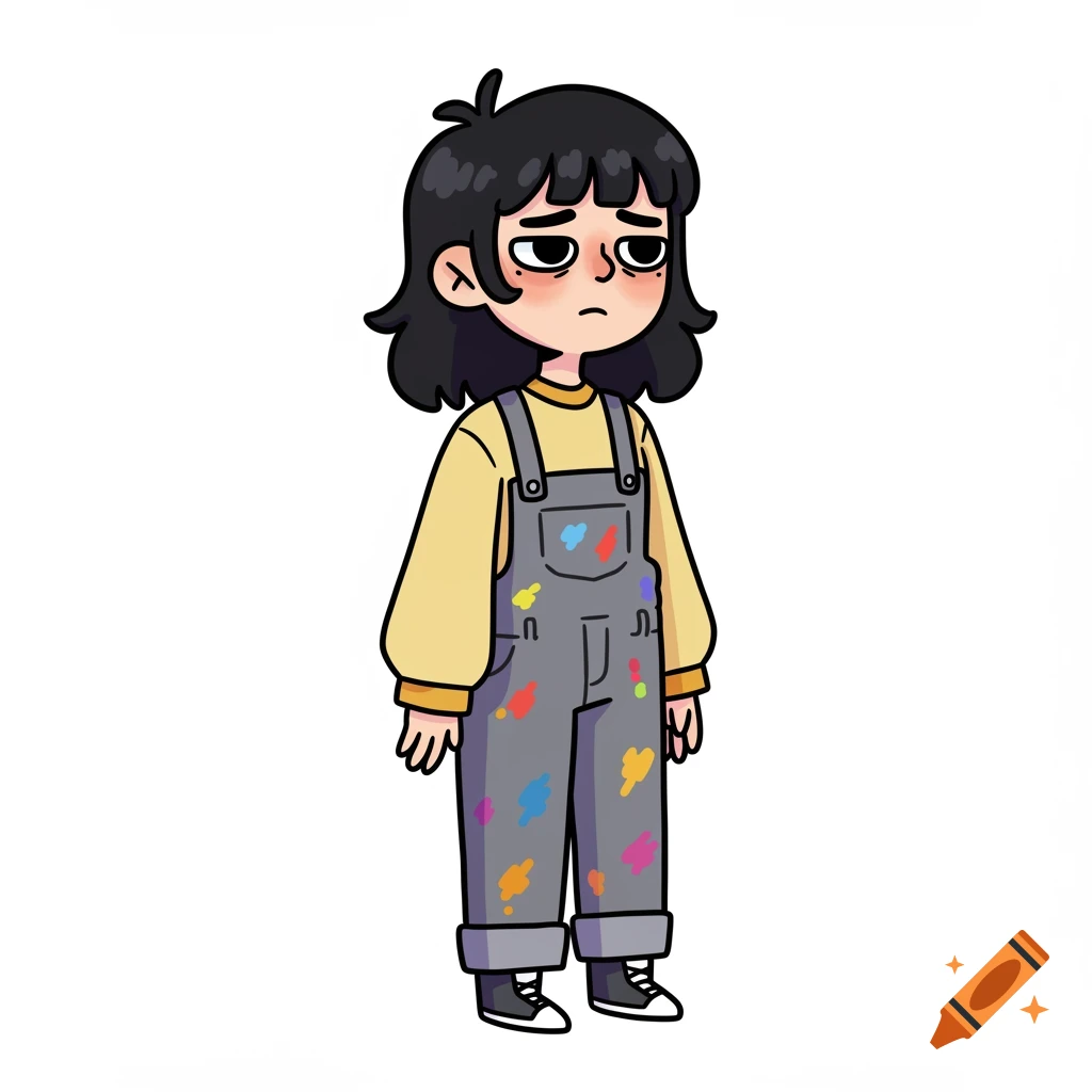 Cartoon girl in grey overalls with colorful paint splotches