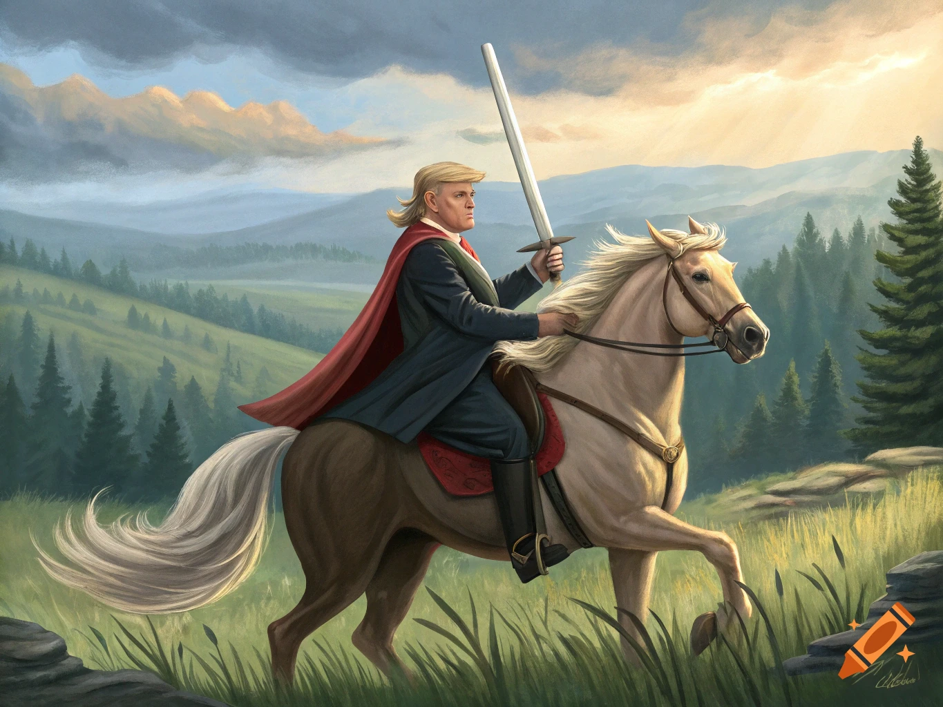 A man resembling Trump on a horse holds a sword, wearing a cape, overlooking a valley landscape.