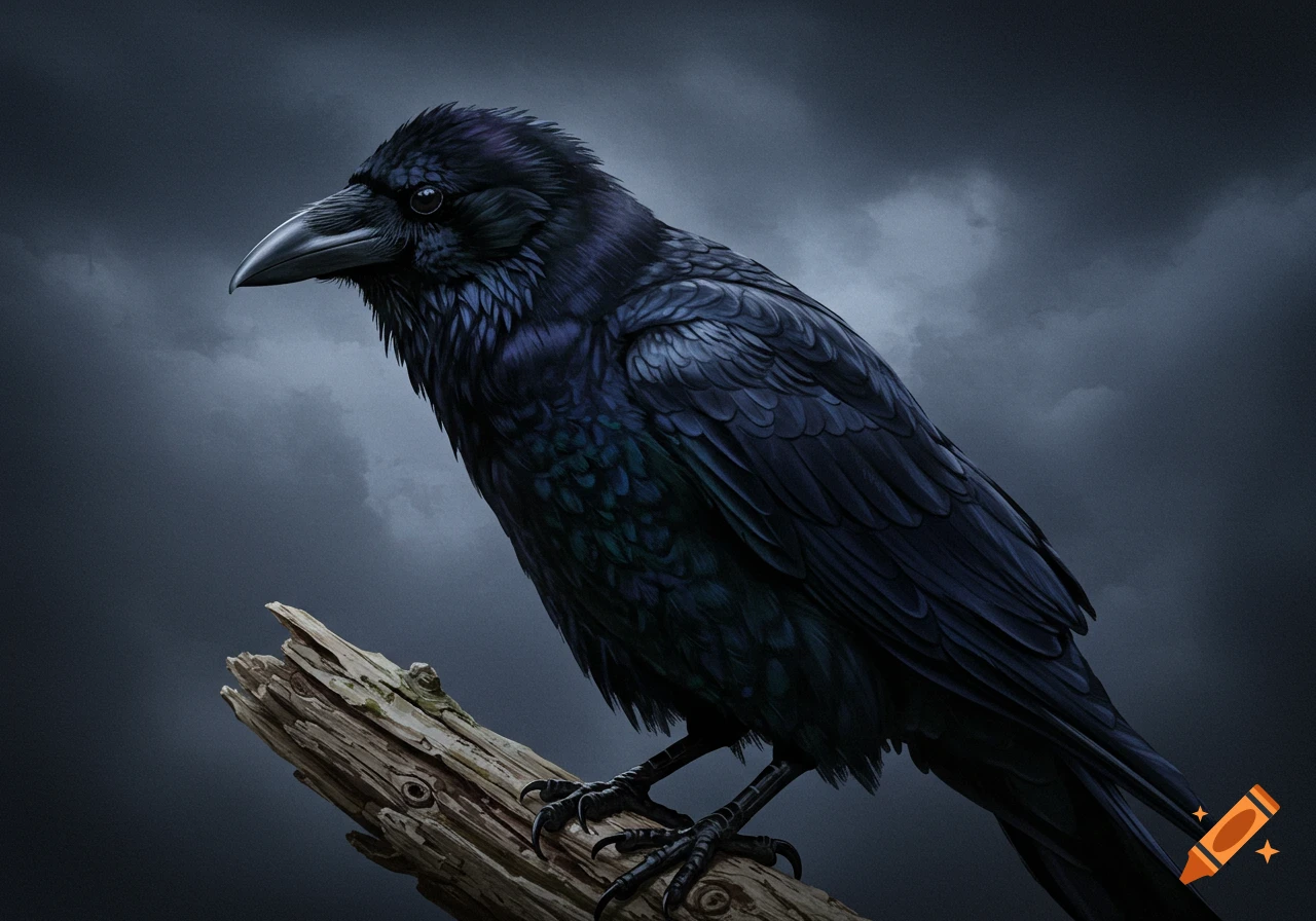 Close-up of a black crow perched on a dead tree branch against a dark ...