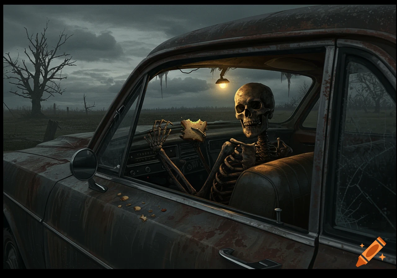 A skeleton sits in the driver's seat of a rusty car, holding a half-eaten sandwich under a dim light in a desolate landscape.