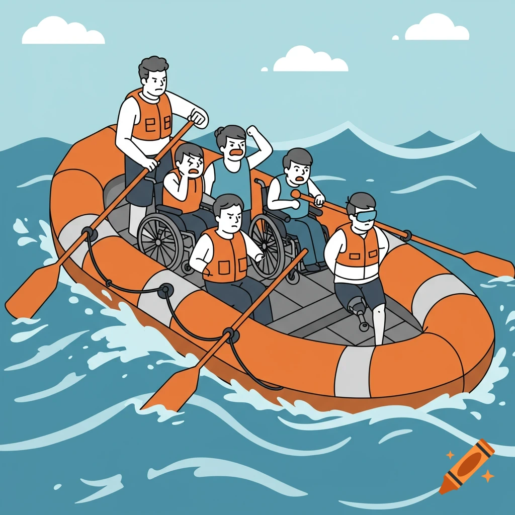 Cartoon illustration of people with disabilities in a life raft at sea, one person rowing.