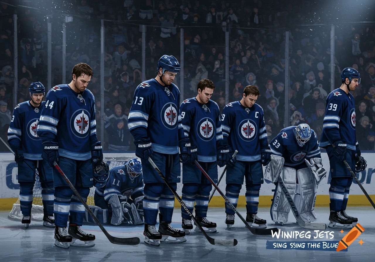 Group of hockey players in blue uniforms standing on ice.