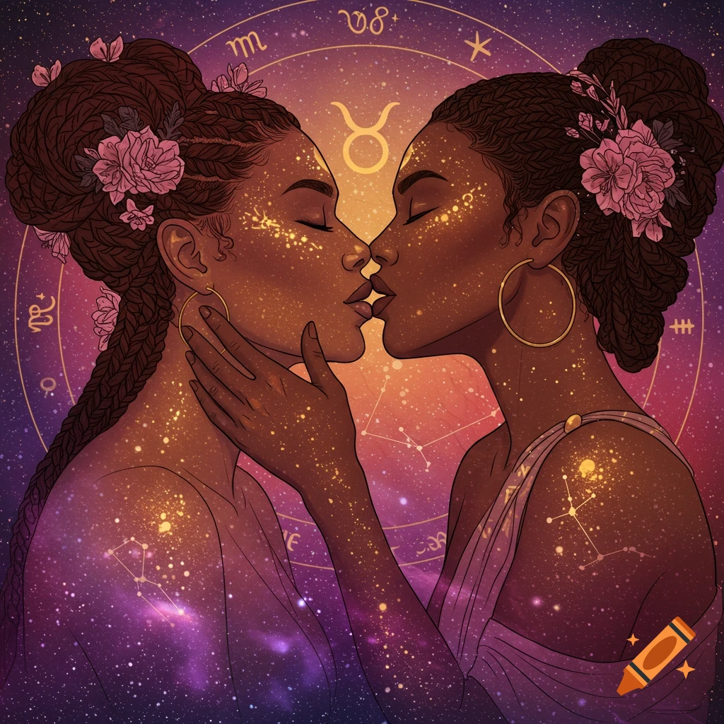 Two women kiss against a starry sky with zodiac signs