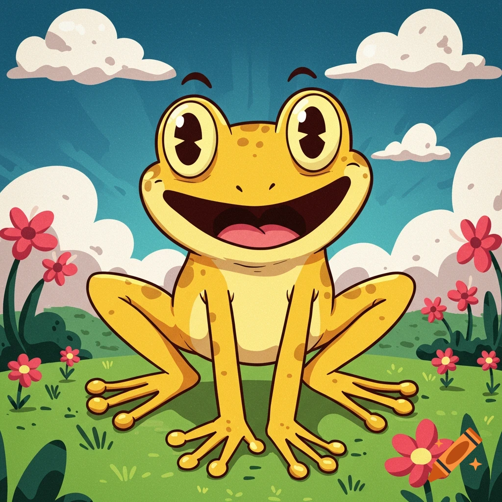 Cartoon frog sitting in a grassy field with flowers and clouds.