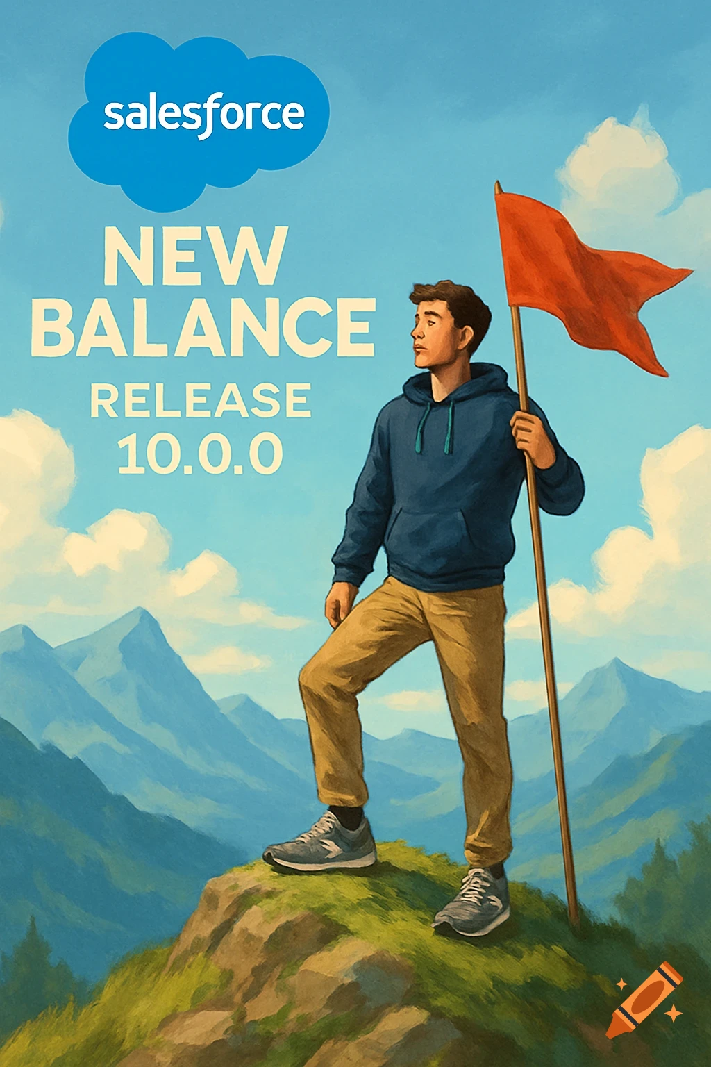 Painted illustration of a person on a mountain peak with a flag and text overlay.