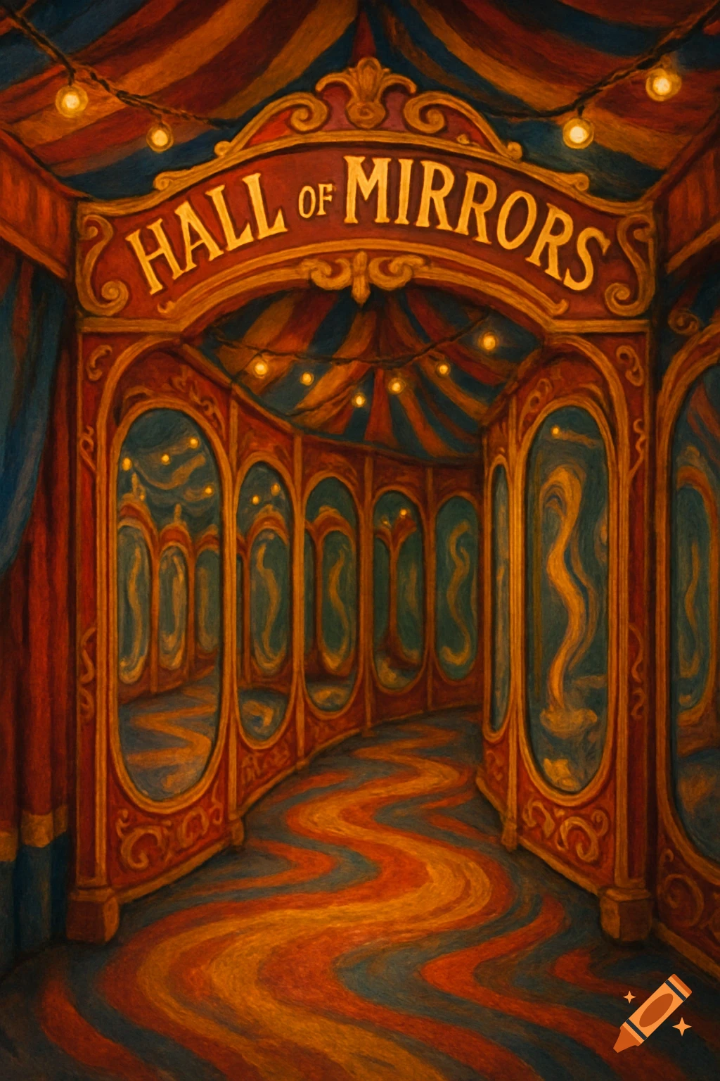 A brightly colored illustration of a circus hall of mirrors with a striped tent ceiling, wavy floor, and multiple reflective mirrors.