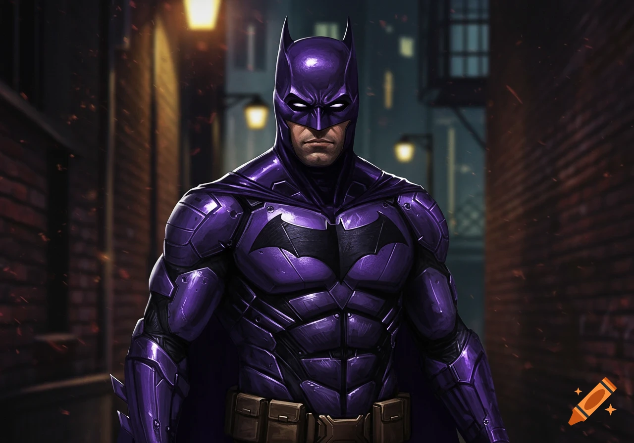 Batman in a purple and black suit stands in a dark alley.