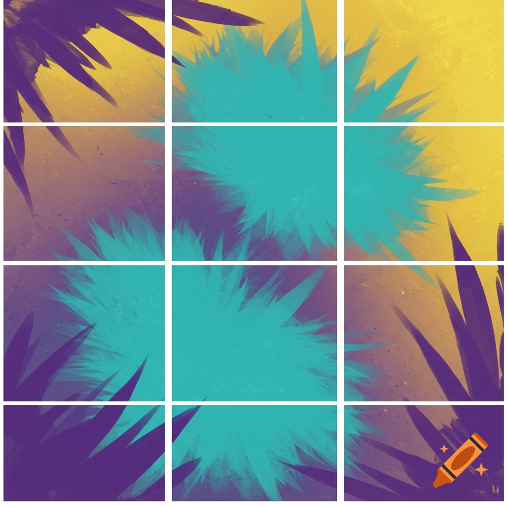 Abstract composition in purple, teal, and yellow, arranged in a grid with spiky shapes.