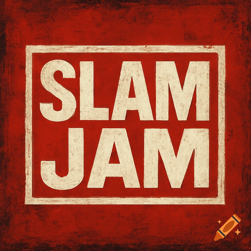 Red background with distressed white text reading SLAMJAM.