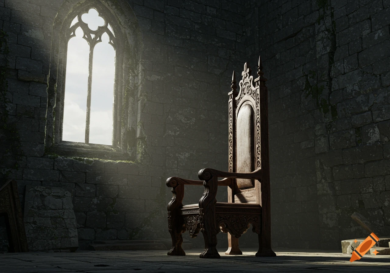 Ornate wooden throne in a dark, ruined stone room with a large gothic window.