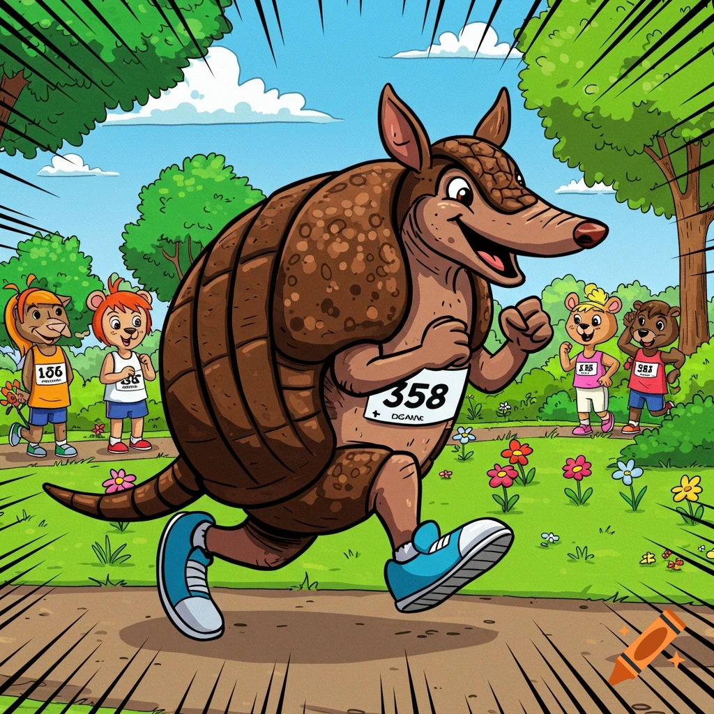 A cartoon armadillo with a race bib runs on a path in a park with other ...