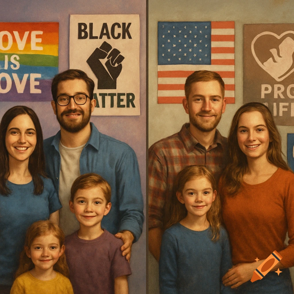 Portrait of two families side-by-side with posters: LGBTQ+, Black Lives Matter, American flag, Pro-Life in the background.