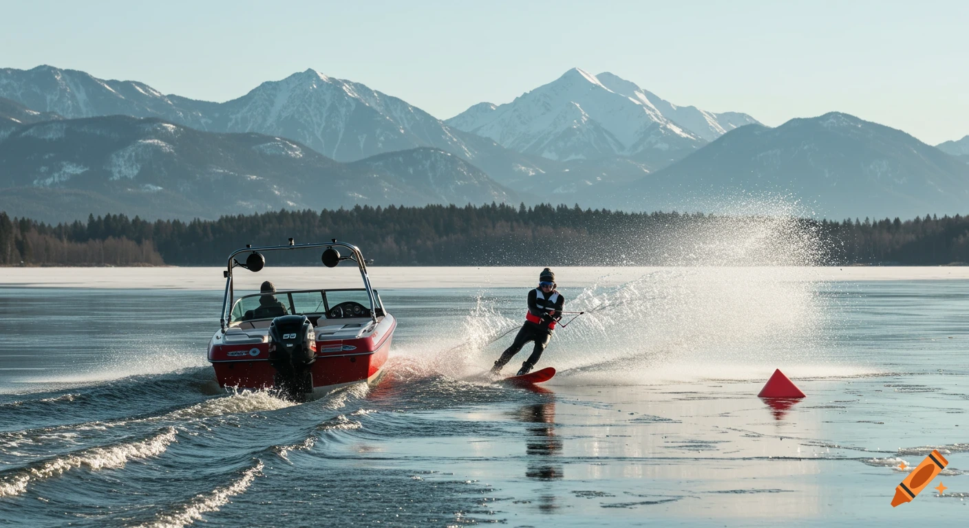 A person water skis behind a red boat on a partially frozen lake with snow-capped mountains in the background.