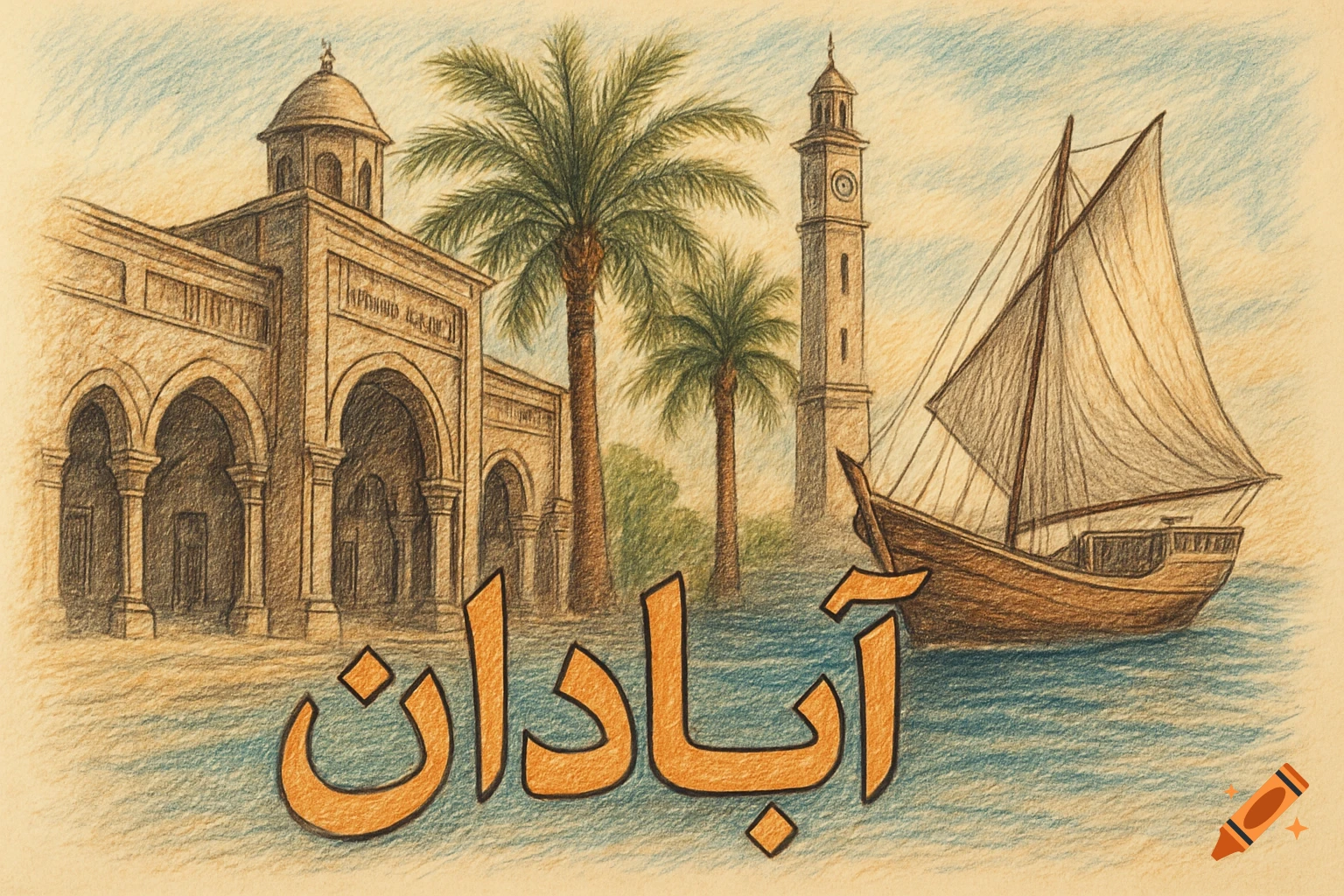 Colored pencil sketch of Abadan city with buildings, palms, clock tower, and a boat.