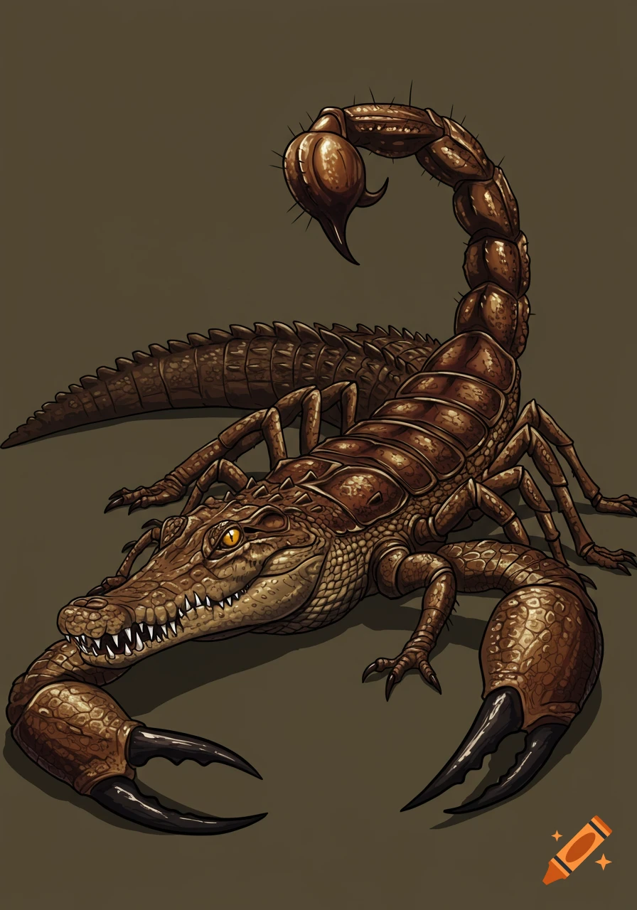 An illustration of a brown scorpion-crocodile hybrid creature.