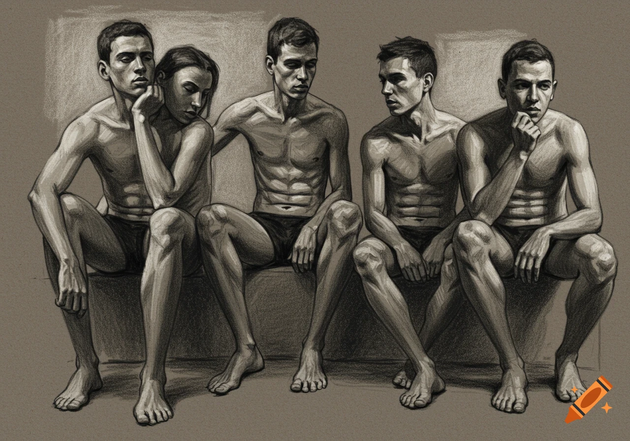 Charcoal drawing of five figures, four men and one woman, sitting side by side.