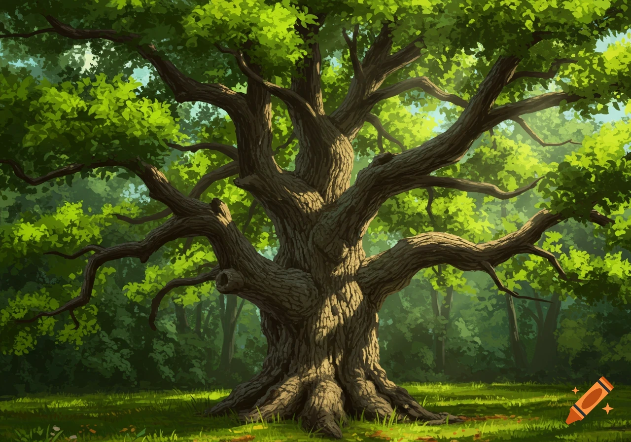A large, gnarled tree stands in a sunlit forest clearing, digital illustration.