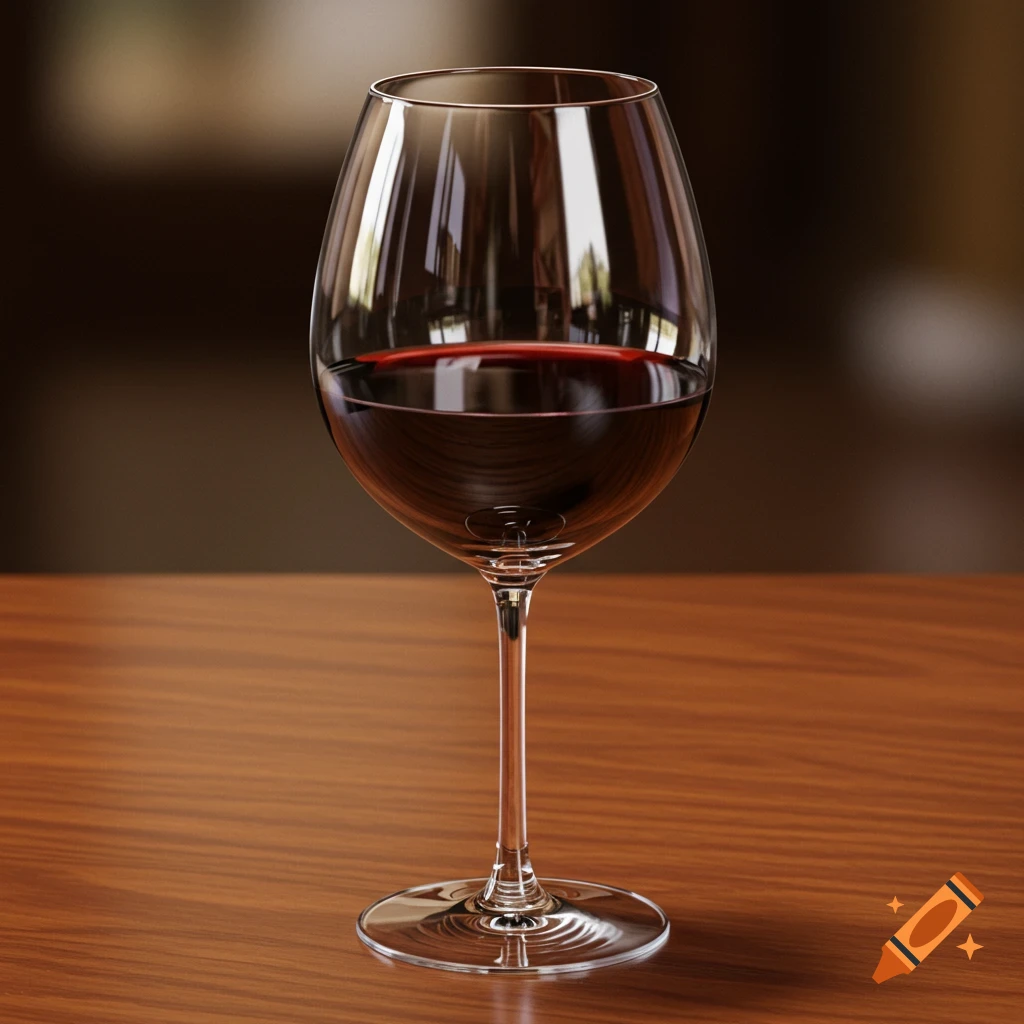 A realistic photo of a glass of red wine on a wooden table.