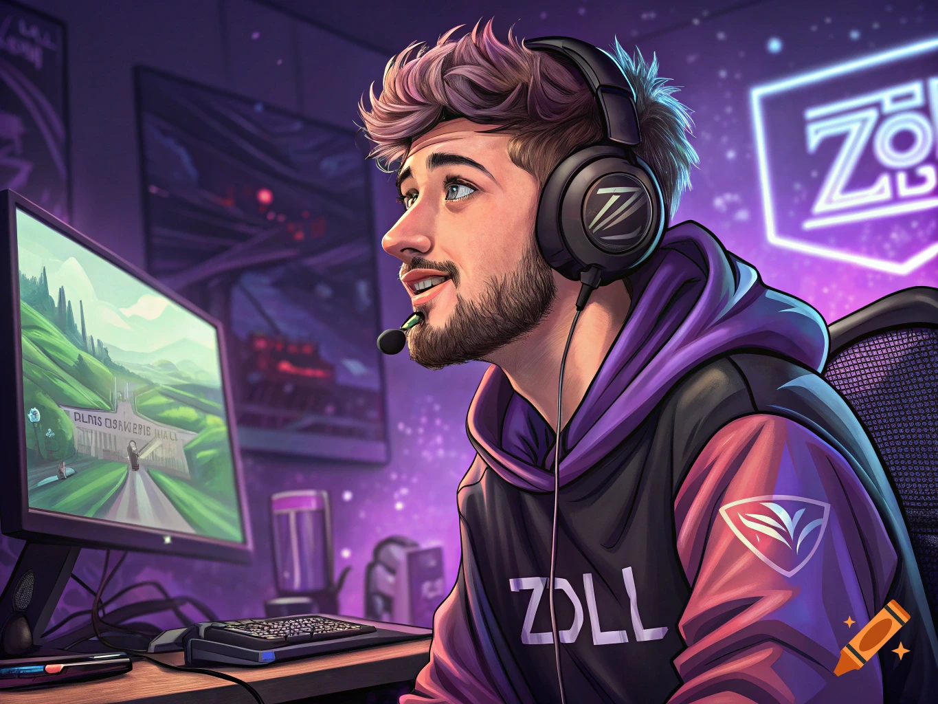 Stylized illustration of a gamer wearing a headset at a computer in a purple-lit room.