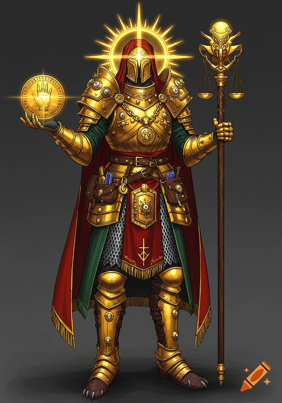 Full body illustration of a fantasy character in ornate golden armor holding a staff and a coin.