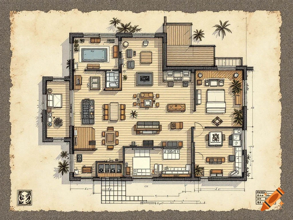 Hand-drawn architectural floor plan of a large modern house with pool and palm trees.