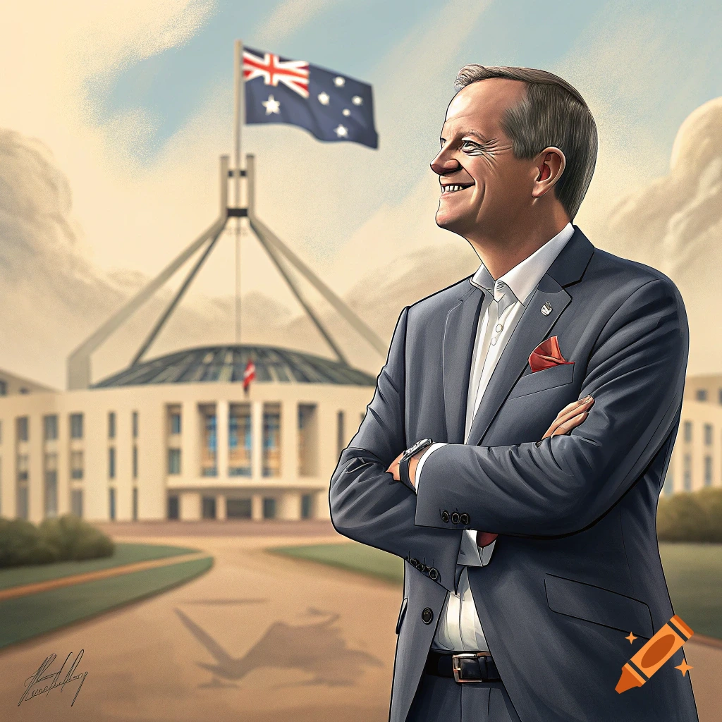 Illustration of a man in a suit standing in front of the Australian Parliament House.