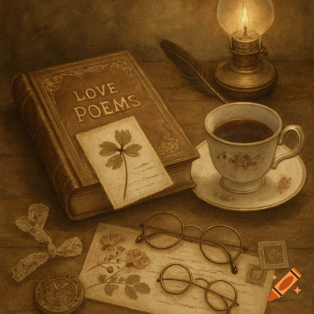 Vintage still life with a book titled "LOVE POEMS", teacup, spectacles, and oil lamp on a table.