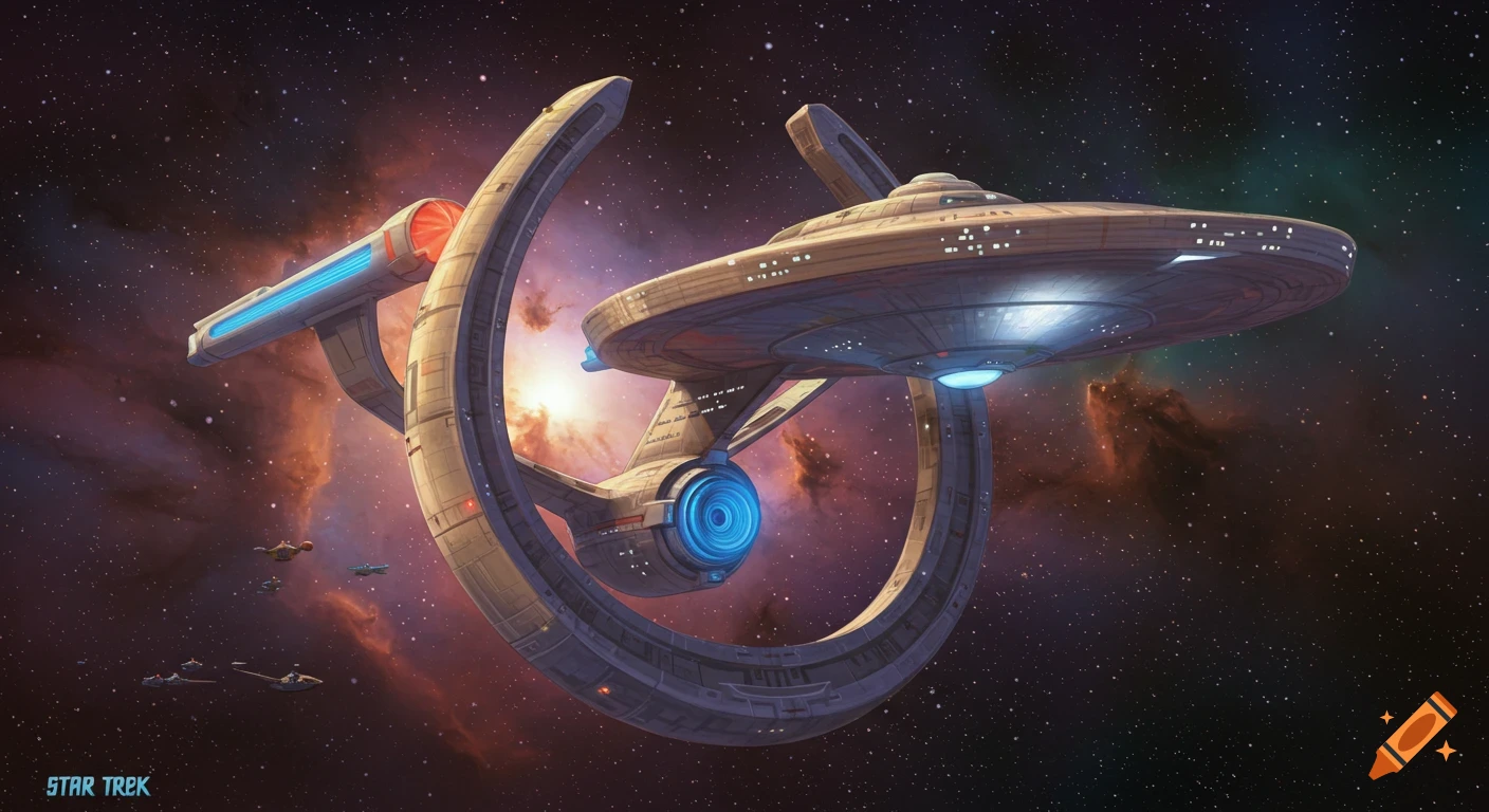 A large Star Trek spaceship with a horseshoe-shaped structure flies through space near nebulae.