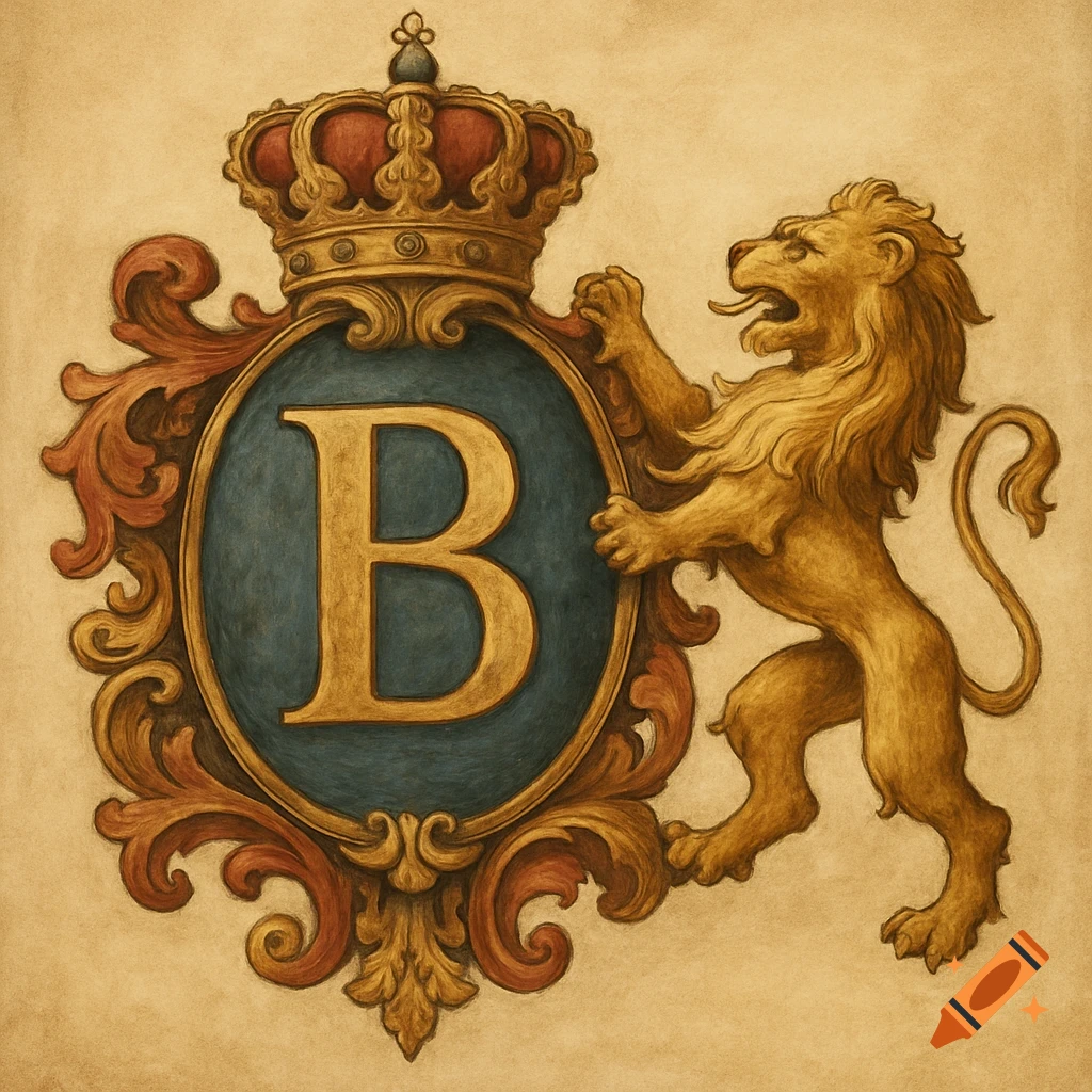 Coat of arms with a gold letter B, a golden lion rampant, and a crown in a traditional illustration style.