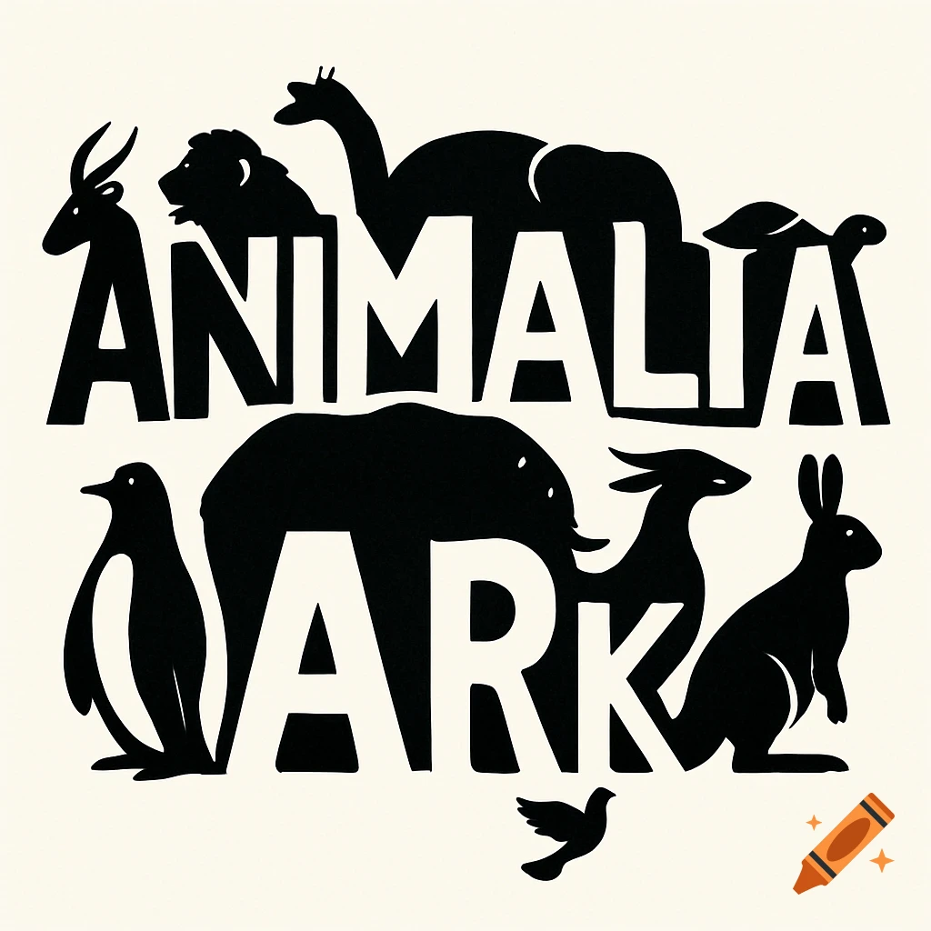 Black silhouettes of various animals forming the words 'Animalia Ark' clip art.