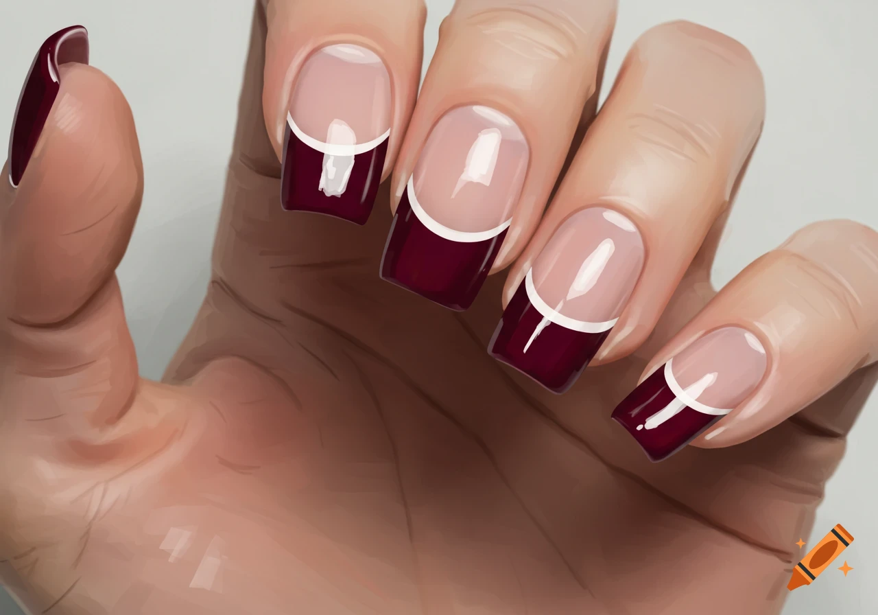 Close-up of a hand with burgundy french tip nails