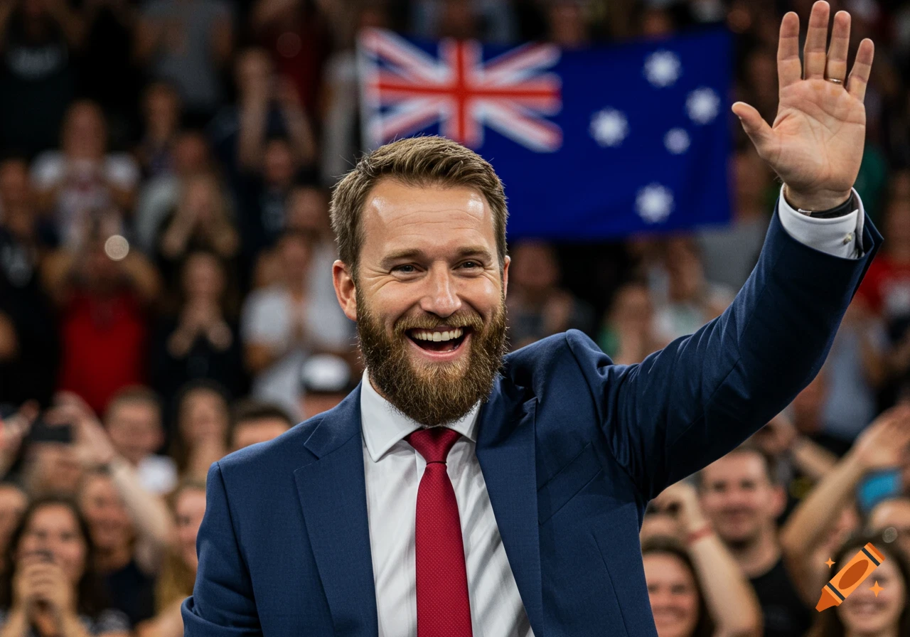 Photorealistic image of a smiling bearded man in a suit waving to a crowd, with an Australian flag behind him.