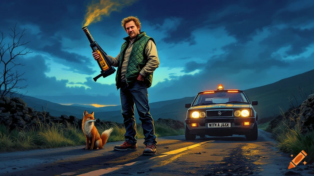 Comedic illustration of Alan Partridge holding a jack on a rural road with a fox and a car at dusk.