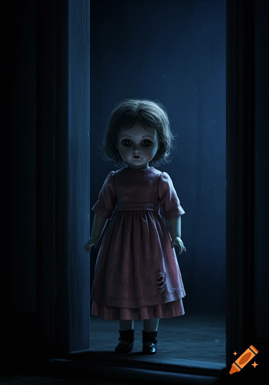 Vintage doll stands in a dark doorway with dramatic lighting.