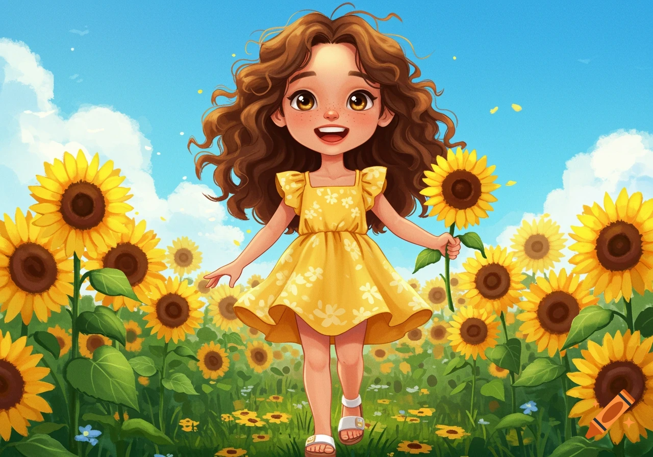 Illustration of a cheerful little girl walking through a field of sunflowers.
