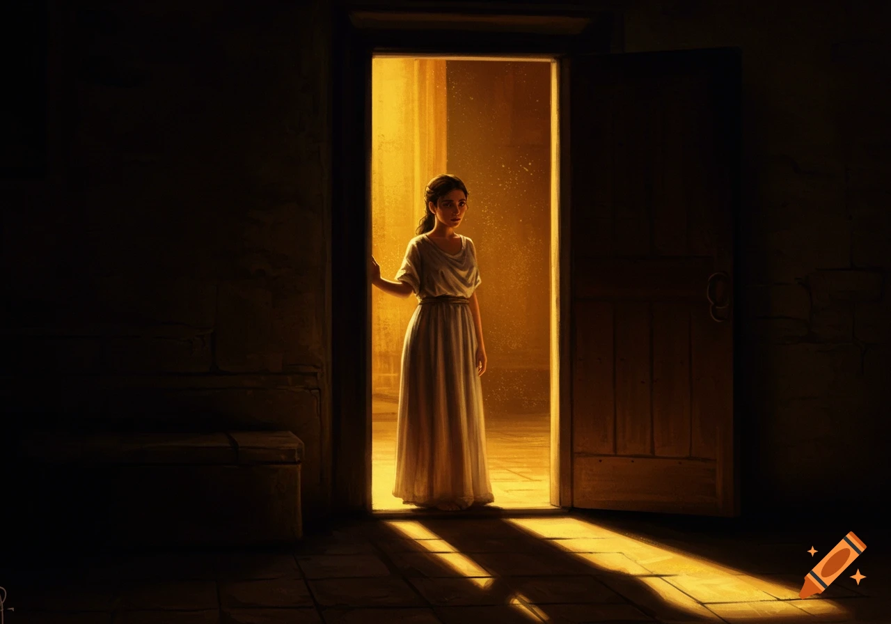 A woman in a simple dress stands in a bright doorway, dramatic shadows cast on the floor.