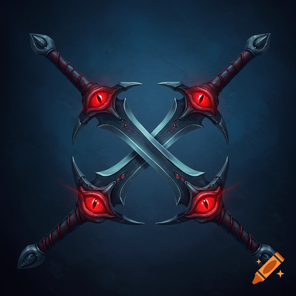 Four dark fantasy swords crossed, each hilt featuring a glowing red eye.