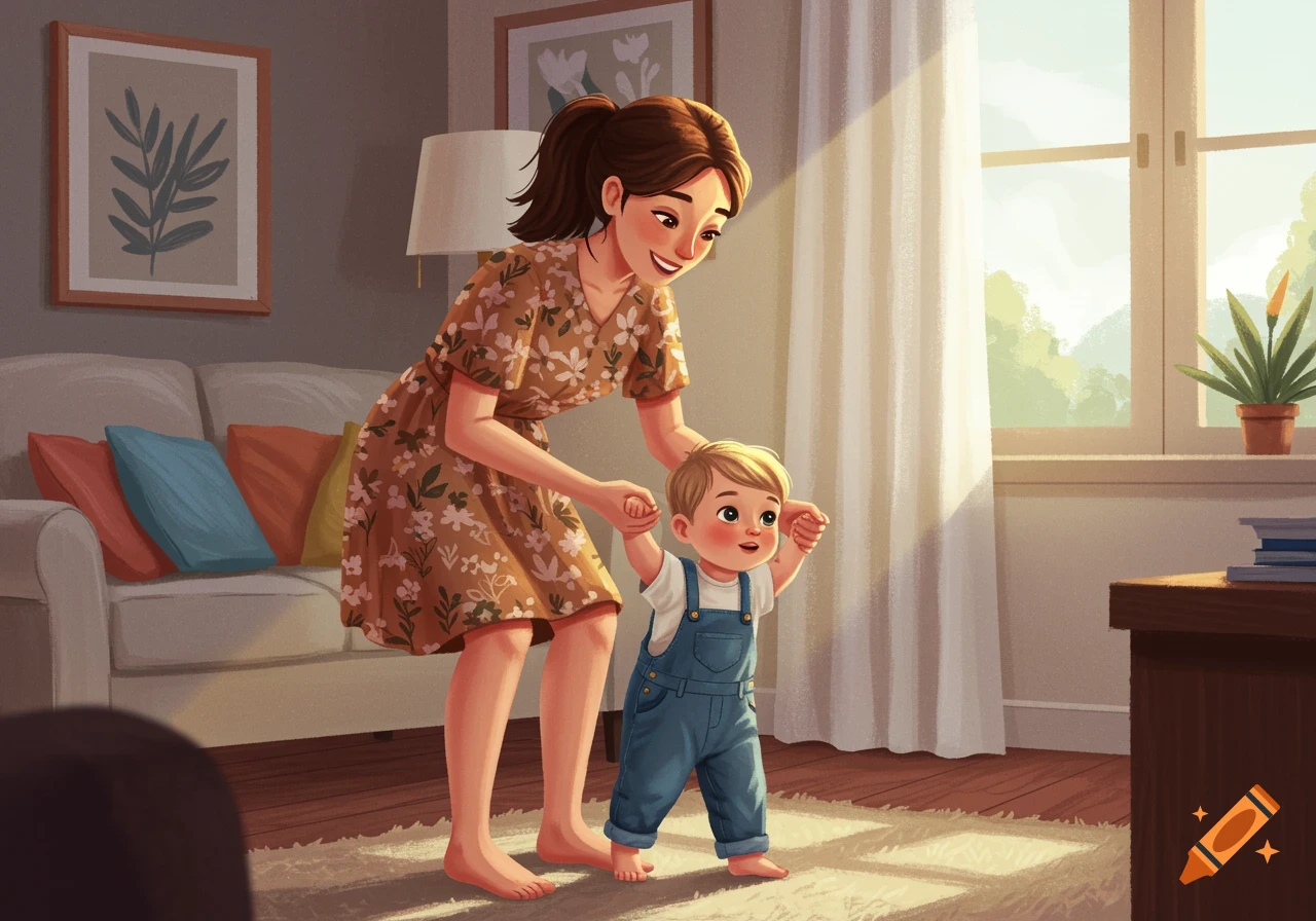 An illustration of a mother helping her toddler learn to walk in a sunlit room.