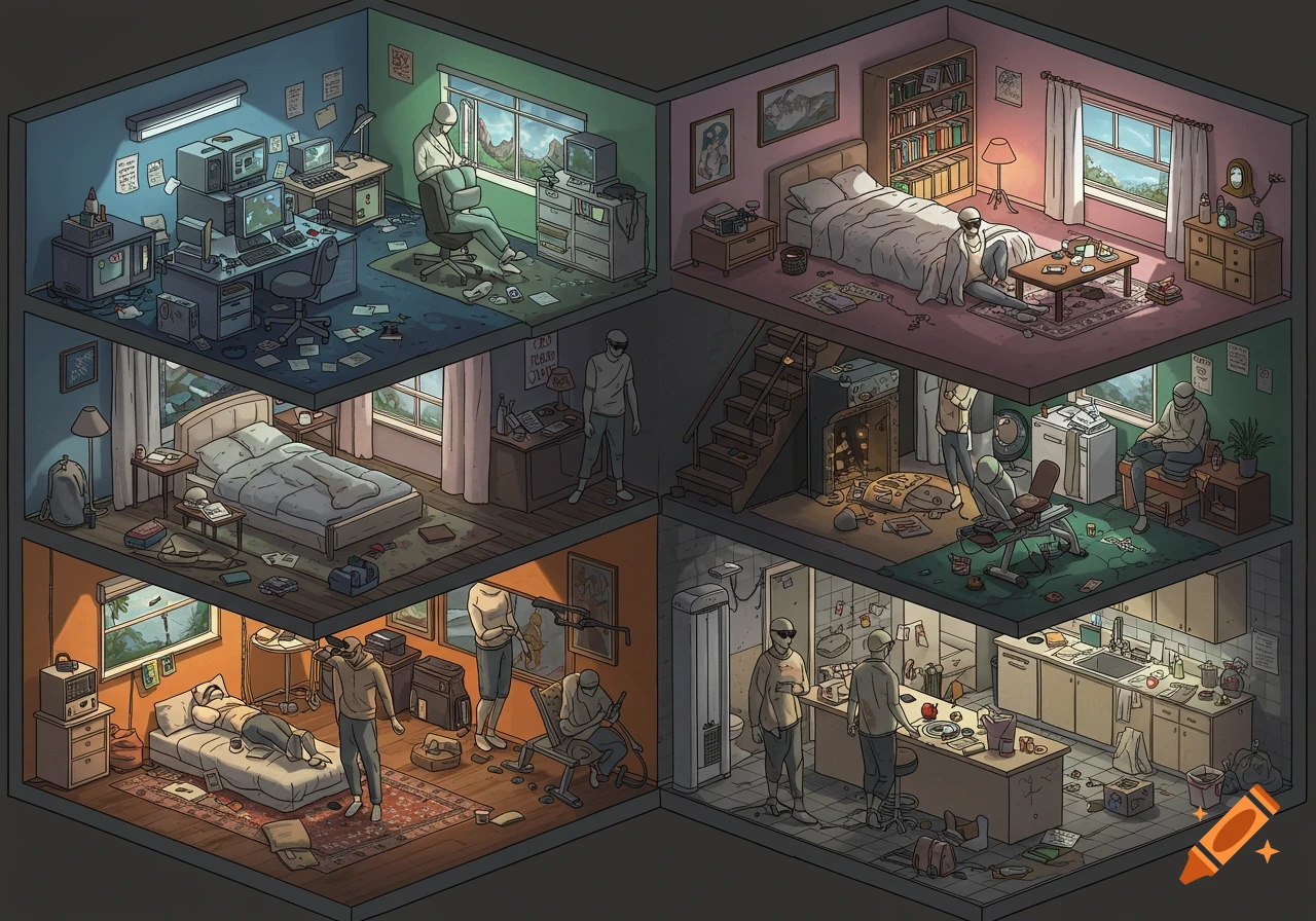 An illustration showing a cross-section of a multi-room apartment building with stylized figures in different rooms, depicting a mood of burnout and fatigue.