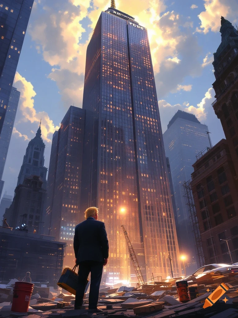 Figure in suit looks up at large skyscraper in a city street. Digital art.
